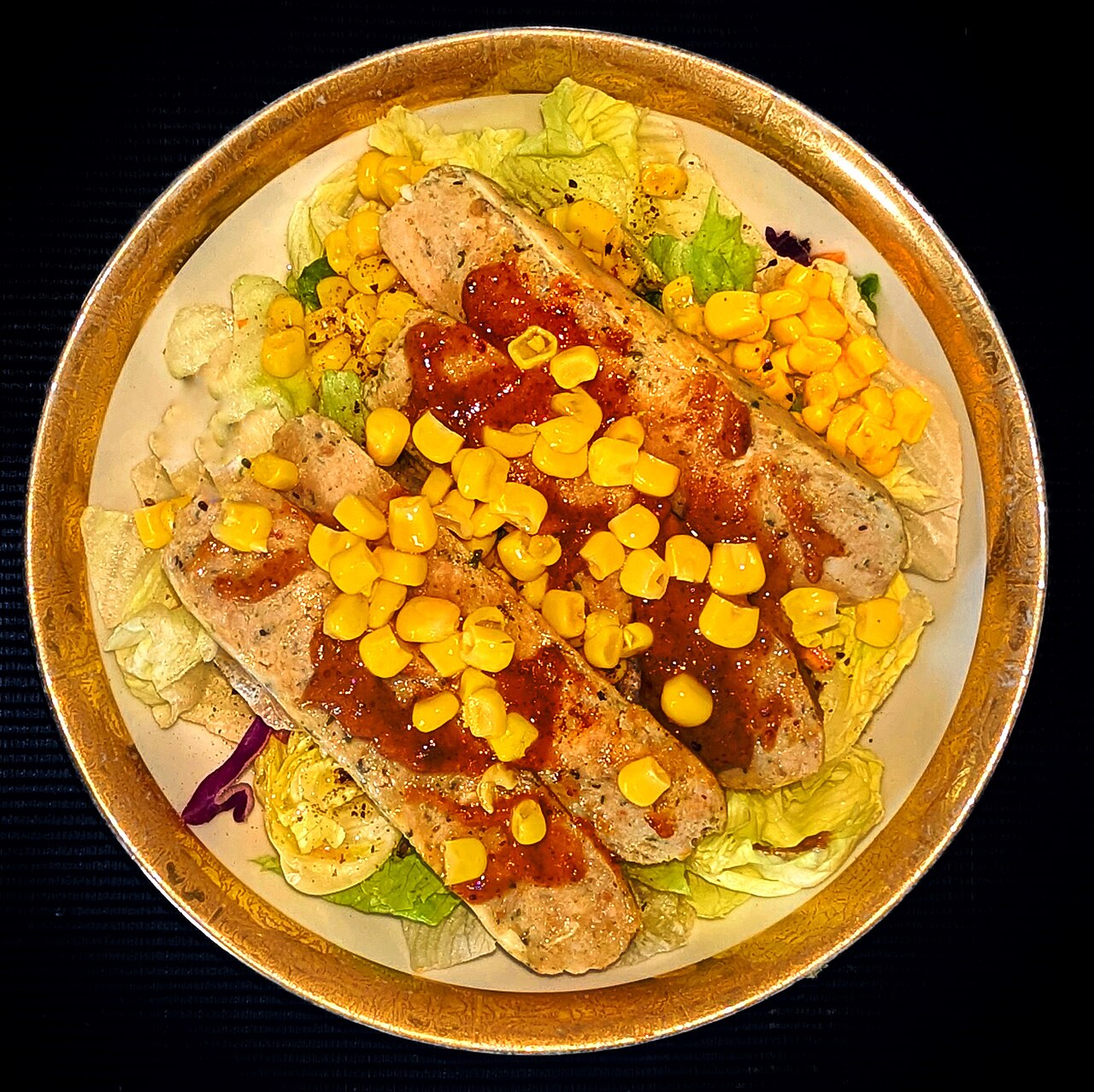 Chicken garlic sausages, corn, and salad, with mustard, olive oil, vinegar, and black pepper - Massachusetts