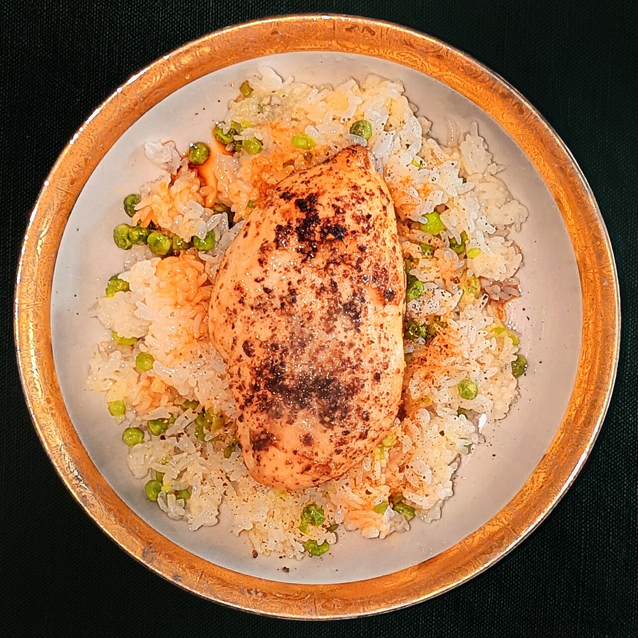 Chicken breast, roasted with garlic olive oil and black pepper, on fried rice and peas with soy sauce - Massachusetts