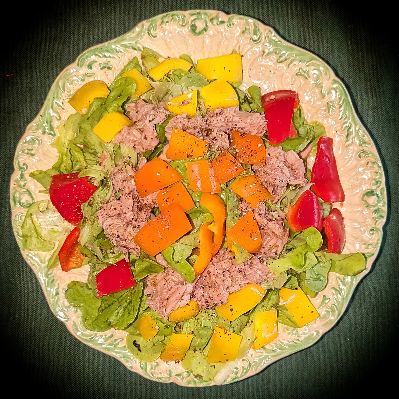 Salad with tuna fish and bell peppers, garlic, olive oil, vinegar, and black pepper - Massachusetts
